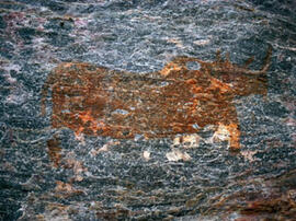 
Des peintures rupestres d'Afrique Australe. Botswana. Quadrupède peu visible peint en rouge
