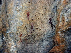 
Des peintures rupestres d'Afrique Australe. Botswana. Au nord-est du pays on trouve également de...