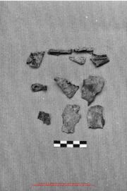Film n°95. Khirbat adh-Dharih, fragment de linceul de cuir et fragments de tissus du tombeau 1 (f...