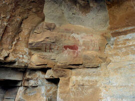 
Des peintures rupestres d'Afrique australe. Afrique du Sud. On trouve également d'autres figures...