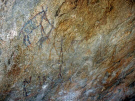 
Des peintures rupestres d'Afrique Australe. Botswana. Un animal d'identification difficile a été...