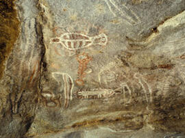 
Des peintures rupestres d'Afrique Australe. Angola. Site Tchitundo hulo opeleva. Près de 60 figu...